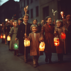 Kinder und Eltern mit Laternen an Sankt Martin